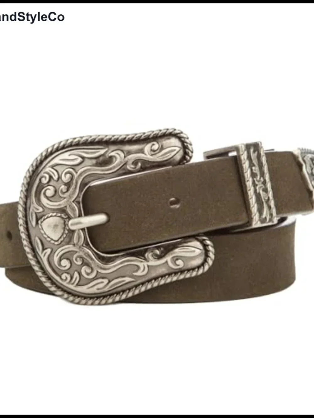 Women's Cow Suede Leather Western Belt with Engraved Antique Nickel Buckle, 1